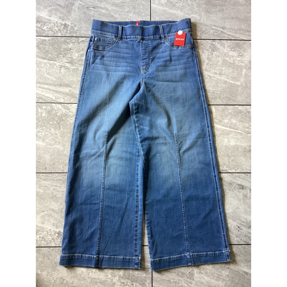 Spanx Wide Leg Denim Jeans Medium Wash Petite 1X/1XT Pull On High Rise Seam